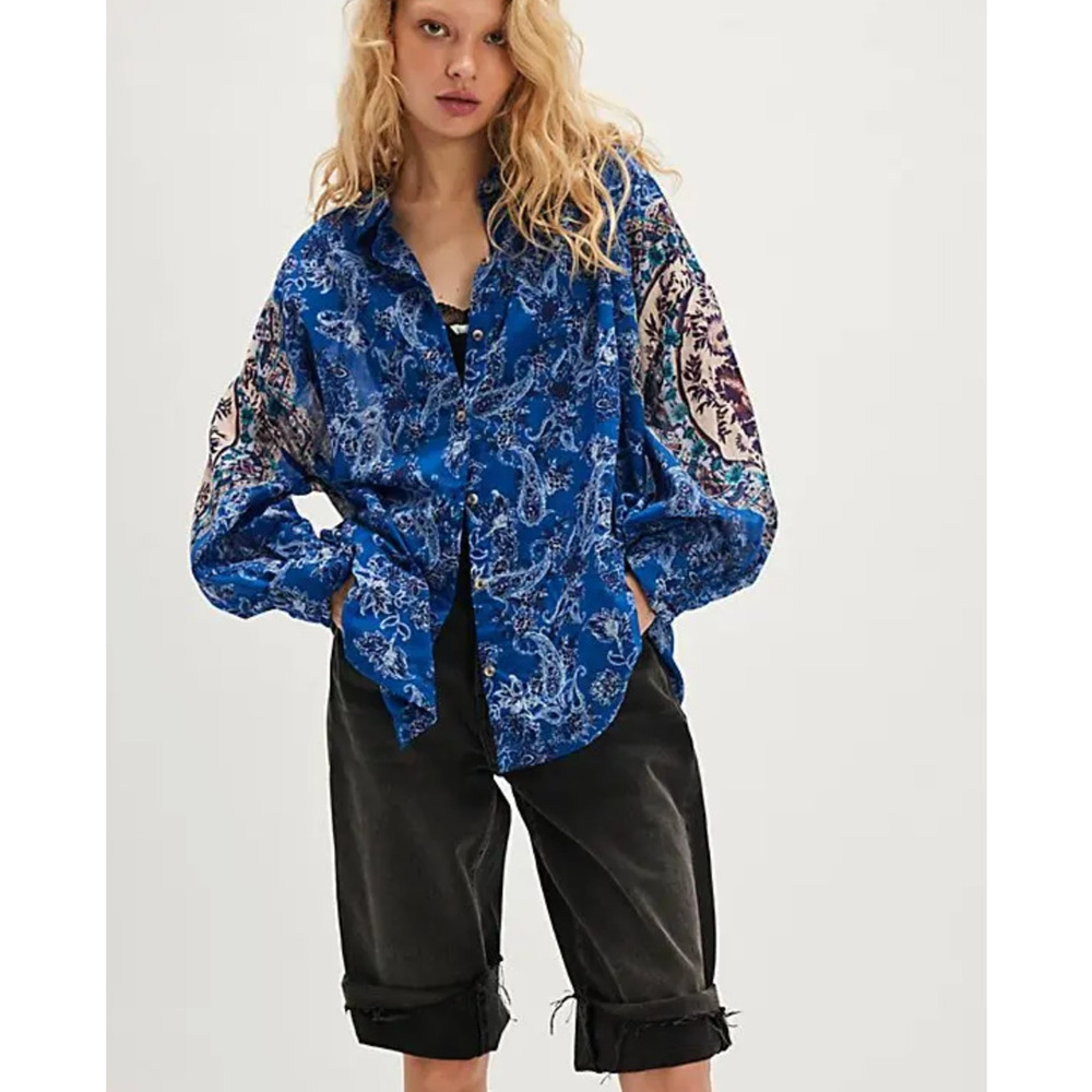 Free People Free People Rose Bud Blouse Shirt Cotton Blue Boho Oversized S NWT